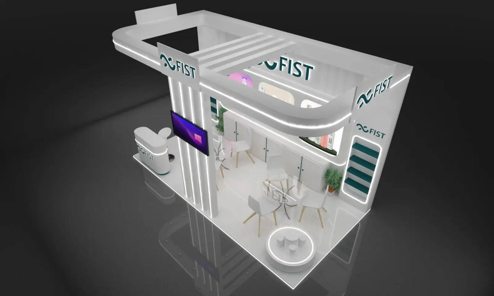 Angled view of the custom cosmetics brand trade show booth design, showing overhead structure and open meeting space
