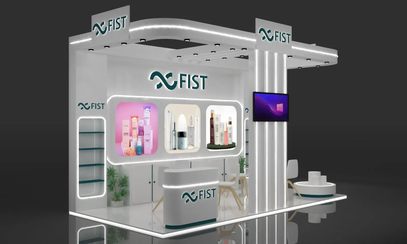 Custom 10x20 trade show booth design concept for a skincare and cosmetics brand, with backlit product displays and a reception counter