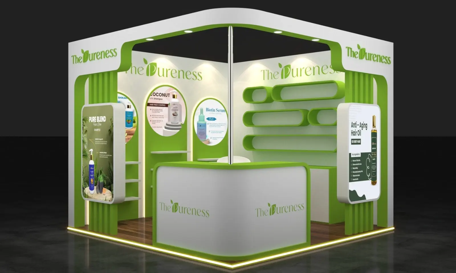 Custom corner booth design concept for a haircare brand with illuminated product panels and open shelving