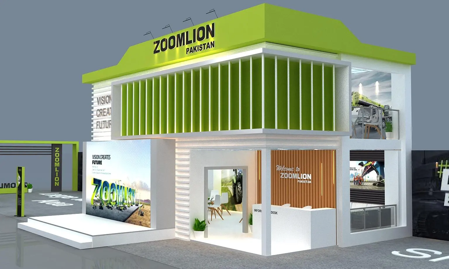 Double-deck custom trade show exhibit design concept for an industrial machinery brand with upper-level meeting space
