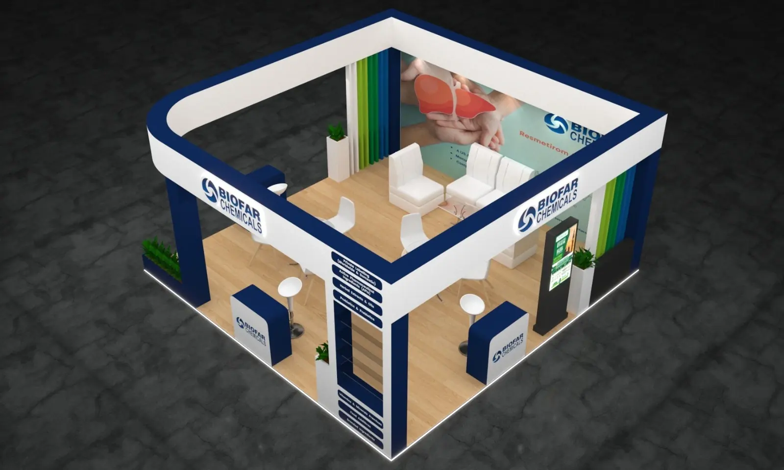 Overhead view of the pharmaceutical brand trade show exhibit design showing seating area, storage tower and information desk