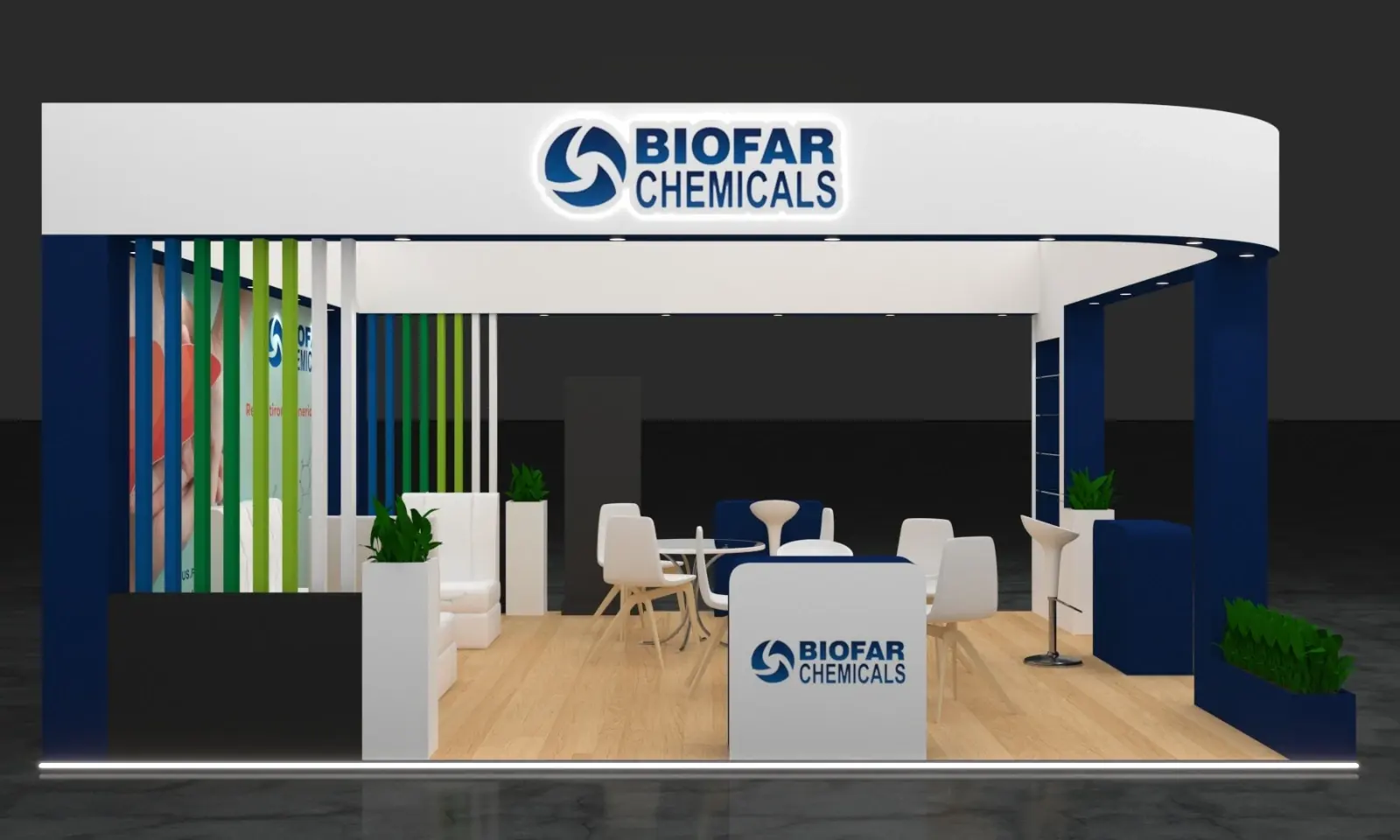 Front elevation of the pharmaceutical brand trade show booth design with backlit signage and branded reception counter