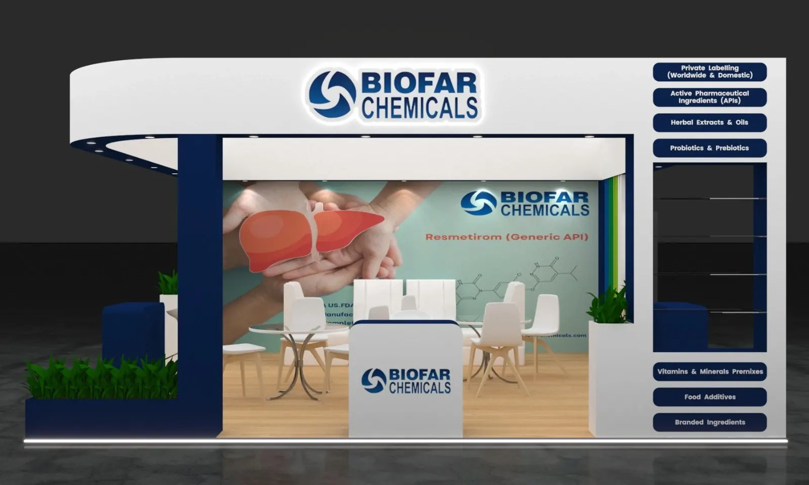 Custom trade show exhibit design concept for a pharmaceutical and life sciences brand, with lounge seating and branded backdrop